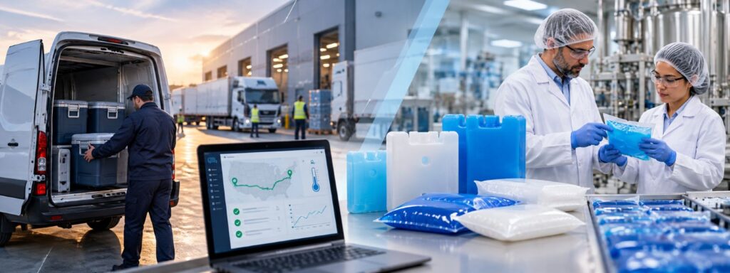 Pharma cold-chain logistics showing 3PL transportation visibility and PCM temperature-controlled packaging